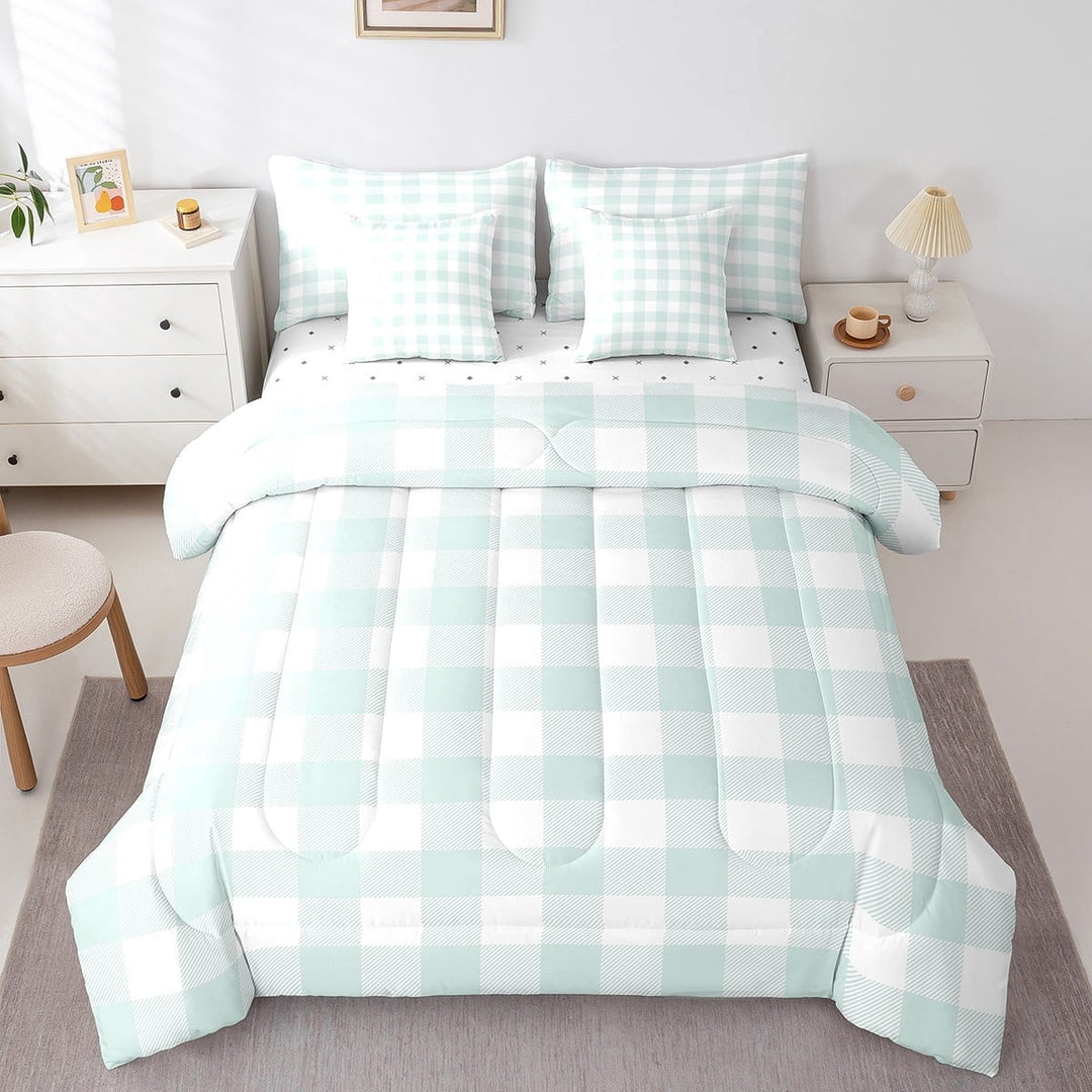 Erosebridal Buffalo Plaid Bedding Sets Twin Size,Geometric Grid Comforter Sets with Sheets,Abstract Artwork Bed in a Bag Twin size,Microfiber Checkerd Bedroom Decoration,7pcs