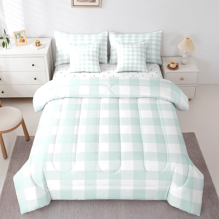 Erosebridal Buffalo Plaid Bedding Sets Twin Size,Geometric Grid Comforter Sets with Sheets,Abstract Artwork Bed in a Bag Twin size,Microfiber Checkerd Bedroom Decoration,7pcs