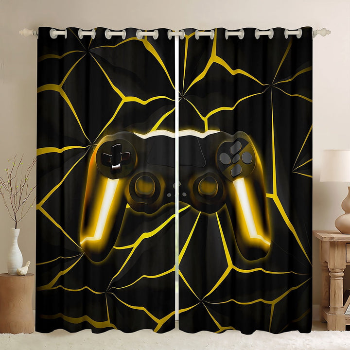 Gamer Curtains Gaming Controller Gold Geometry Curtains &amp; Drapes, Teens 3D Gamepad Console 30%-50% Blackout Curtains Gift, 38Wx54L