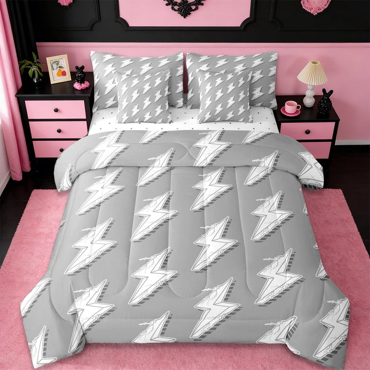 Erosebridal Hand Drawn Doodle Lightning 7-Piece Twin Bedding Sets,Gray White Bedding Comforter Set For Boys Kids,Reversible