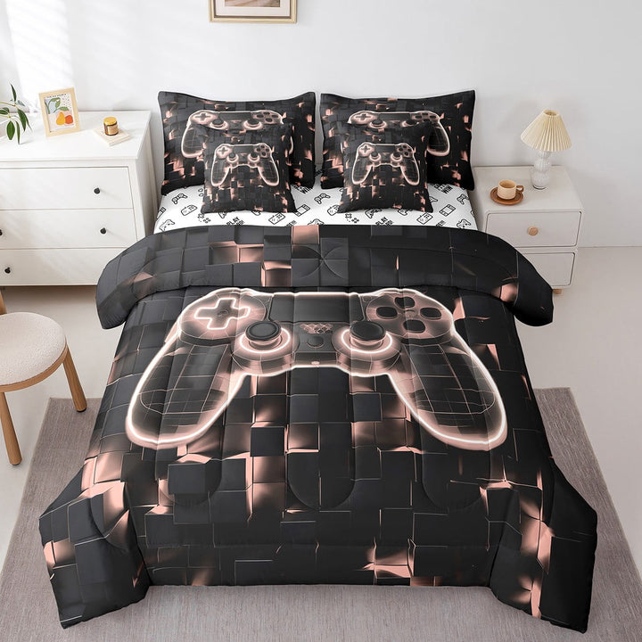 7 Piece Gamer Bed in a Bag Twin, Gaming Bedding Comforter Sheet Set Gaming Room Bed Set Beige Pink Geometry Honeycomb Print Fitted Sheet Modern Abstract Plaid Cushiom Covers