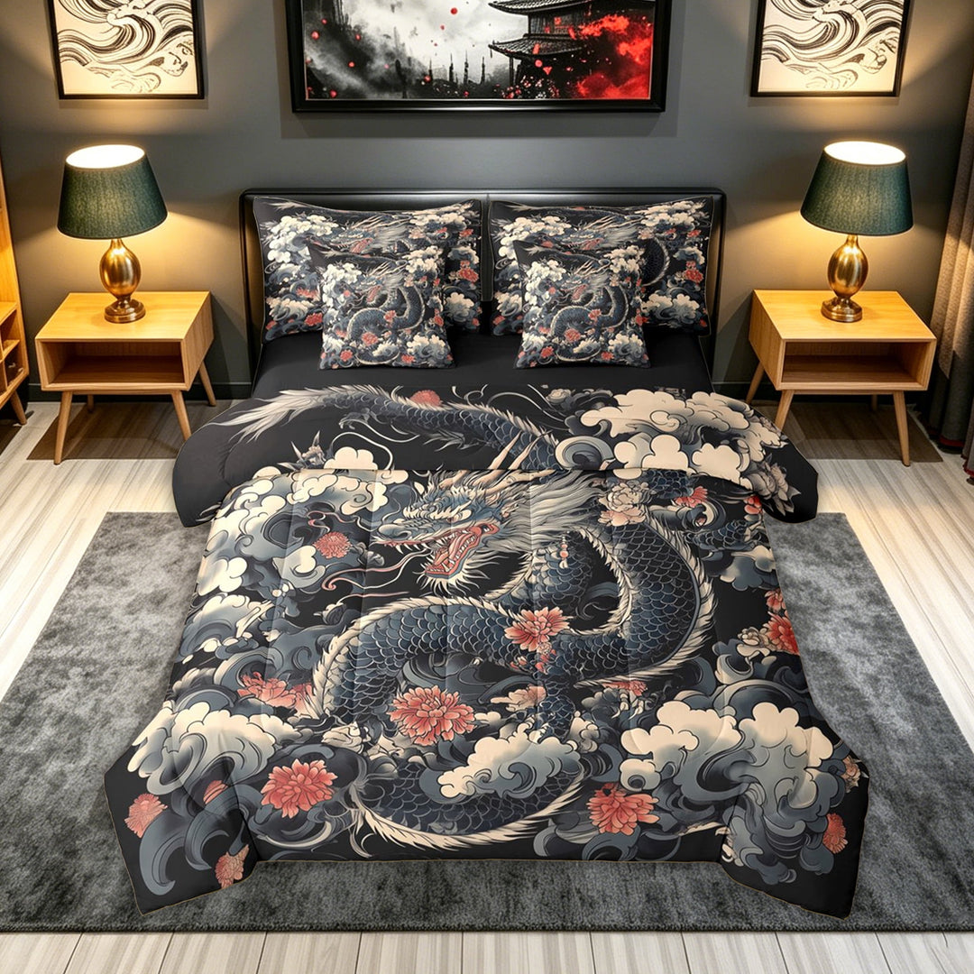 meiyoeat Ink Cloud Dragon Full Size Bedding Sets for Men Boys, Japanese Style Flower Full Size Bed in a Bag, Black Blue, Black Reversible, 7pcs