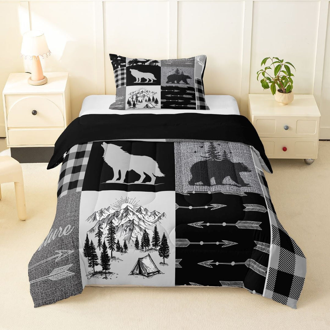 Feelyou Rustic Wolf Twin Comforter Sets, Retro Plaid Bedding Set, 2-Piece