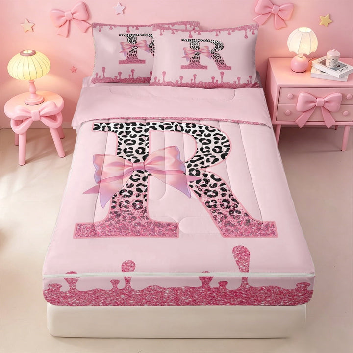 meiyoeat Glitter Leopard Monogram R Zipper Twin Comforter Sets with Fitted Sheet and 2 Pillowcases For Girls,Pink Bow Initial Letter Zipper Bedding Set,Pink Reversible,4-Piece