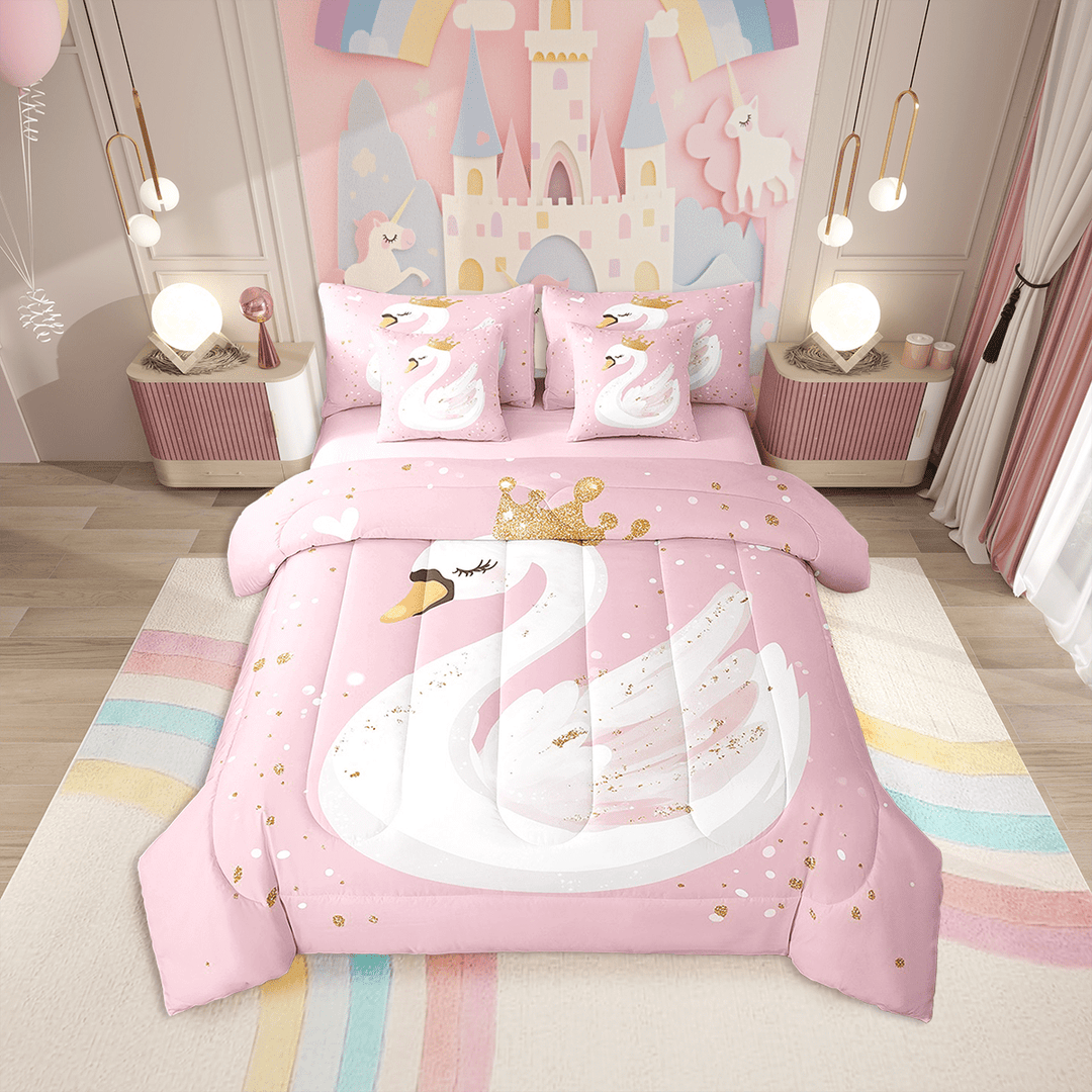 Erosebridal White Swan Comforter Set 7 Piece Bed In A Bag Twin,Pink Cartoon Bedding Sets Sweet Princess Swan Sheet Set With Comforter,Animal Bed Set For Girls