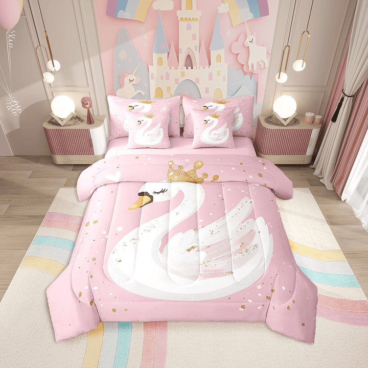 Erosebridal White Swan Comforter Set 7 Piece Bed In A Bag Twin,Pink Cartoon Bedding Sets Sweet Princess Swan Sheet Set With Comforter,Animal Bed Set For Girls