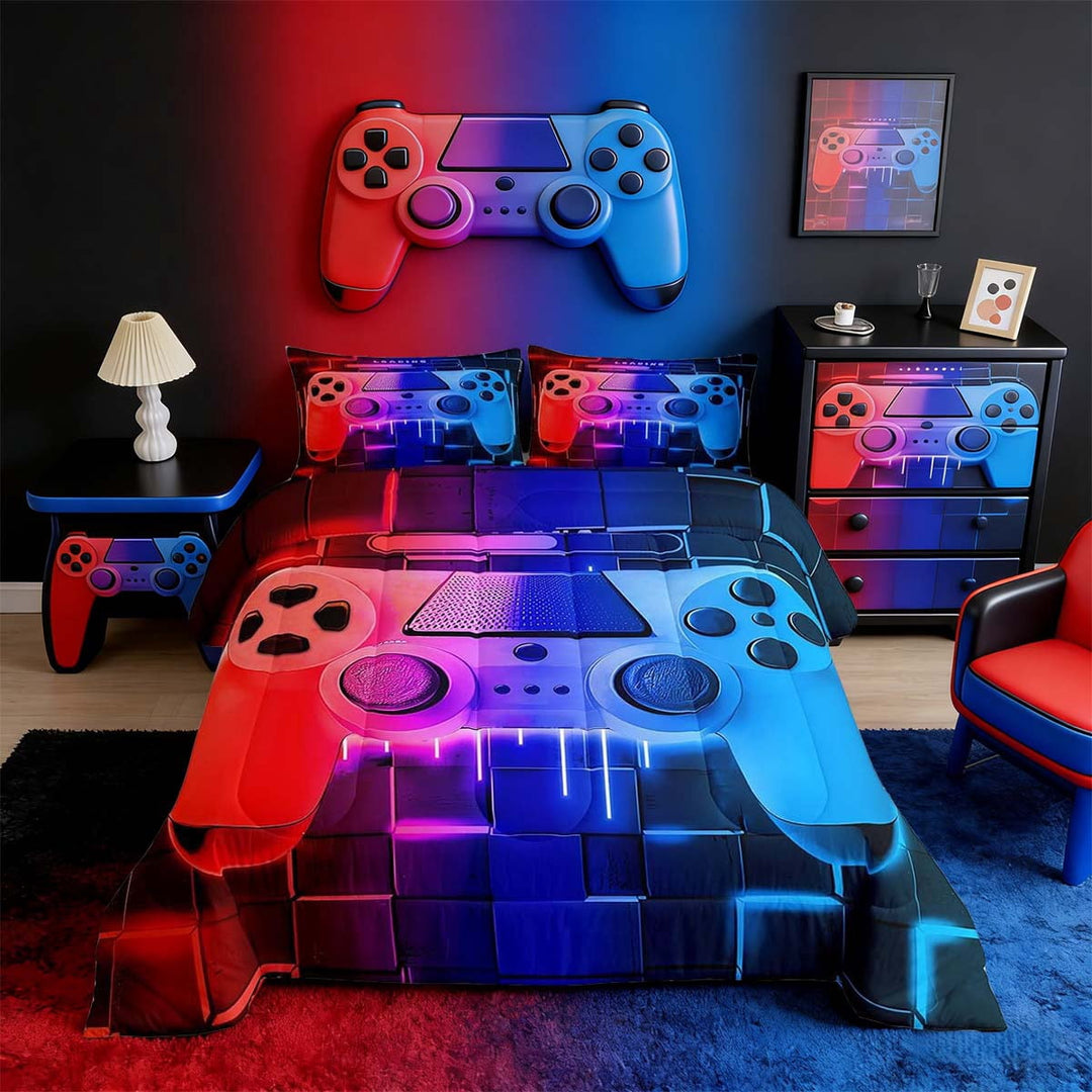 Red Blue Gaming Full Size Comforter Sets - Gamer Comforter Full Size Bedding Set, Neon Lights Abstract Geometry Design Gamer Room Decor