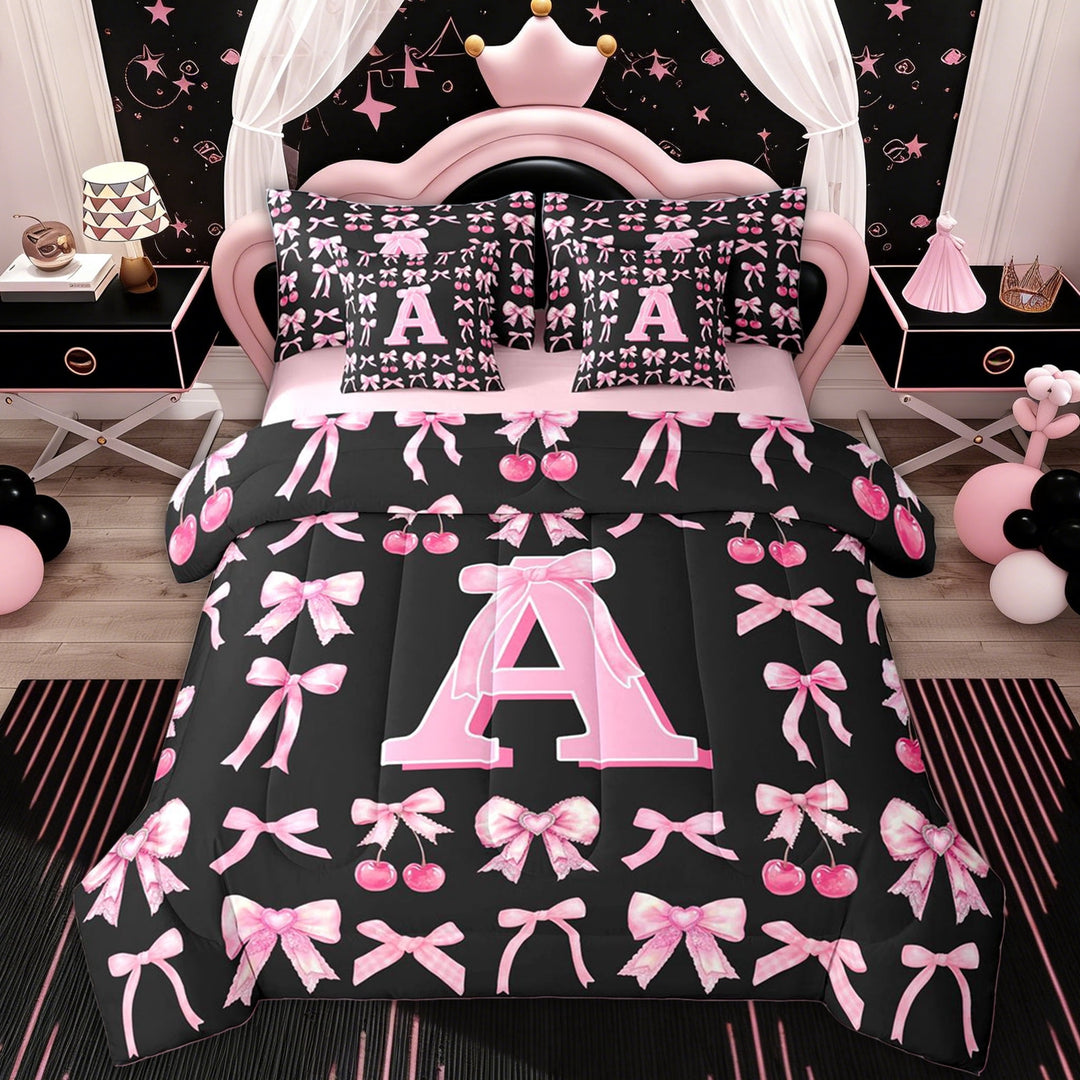 Erosebridal Black Pink A Letter Twin Bedding Sets, Kawaii Bowknot Cherry Bedding Comforter Set, 7 Pieces