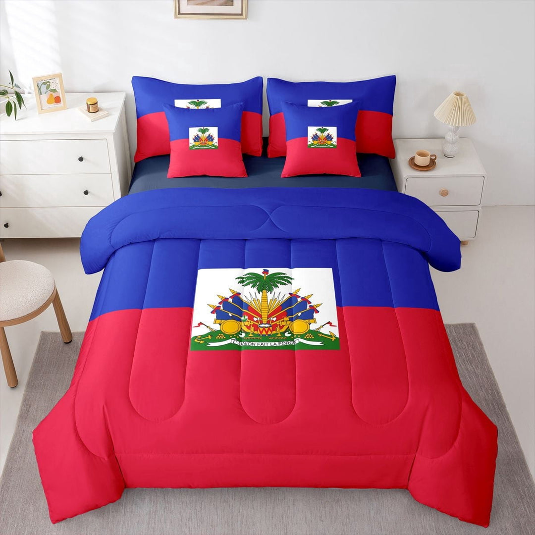 Manfei Haiti Flag 7 Pieces Full Size Bedding Sets,Patriotic Theme Art Full Size Bed in a Bag,Blue Red Green,Navy Blue Reversible