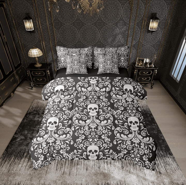 Damask Gothic Bedding Set Adults Antique Victorian Bed in a Bag Queen Comforter Set 7 Piece,Black Grey Sugar Skull Sheet Set Vintage Baroque Floral Goth Bed Set,Exotic Bone Skeleton Bohemian Decor