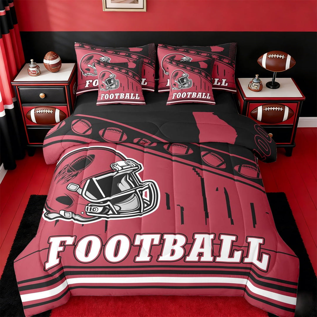 jejeloiu Football Sport 7-Piece Twin Bedding Sets,Red Black Bedding Comforter Set For Rugby Gamer Reversible