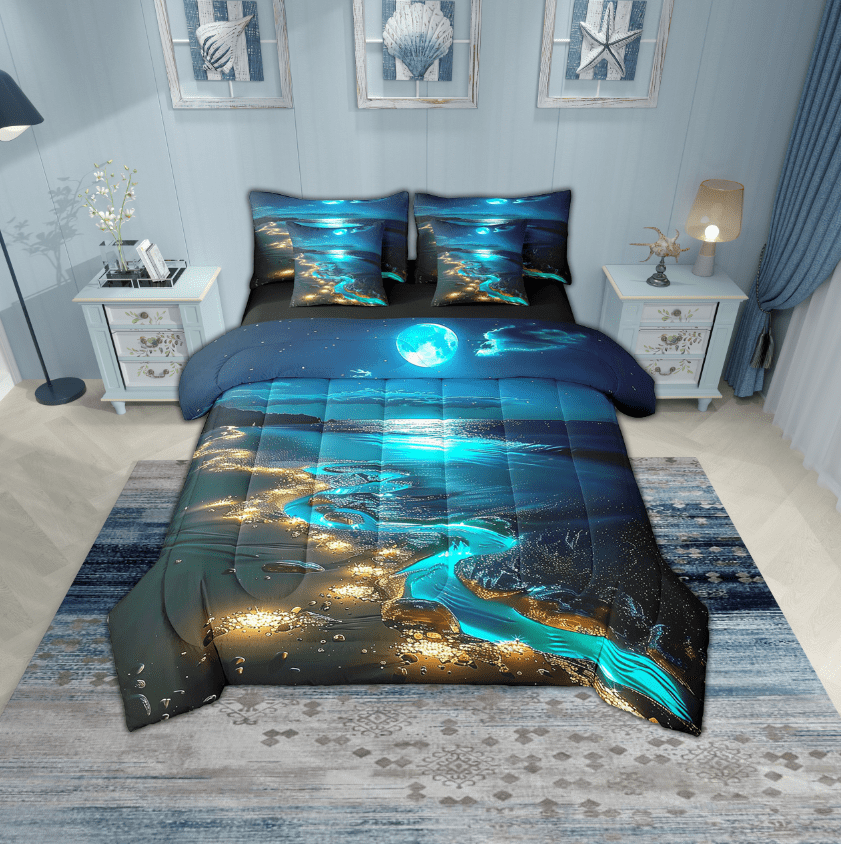 Erosebridal Sea Beach Bedding Sets Twin Size,Blue Golden Comforter Sets with Sheets,Moon Sky Bed in a Bag Twin size,Breathable Ocean Bedroom Decor,Reversible,7-Piece