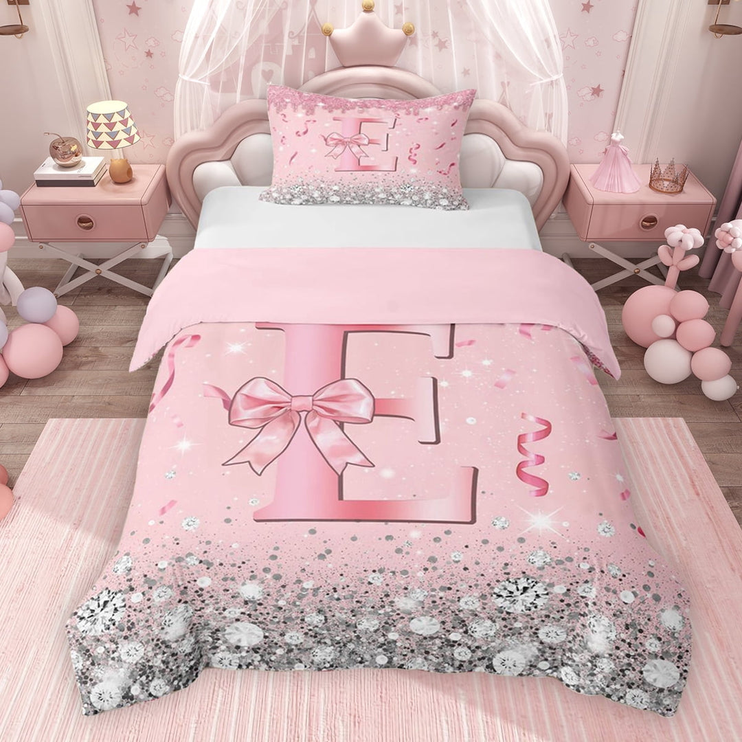 Erosebridal Dreamy Glitters Print Twin Bedding for Girls, Pink Bling E Letter Duvet Cover Set, Pink Reversible 2 Pieces, 1 Duvet Cover and 1 Pillowcase (No Comforter)