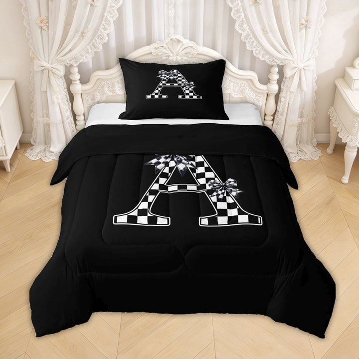 Erosebridal Checkered Bow Letter A Twin Comforter Sets for Girls, Black White Ribbon Bedding Set, Black Reversible, 2 Pieces