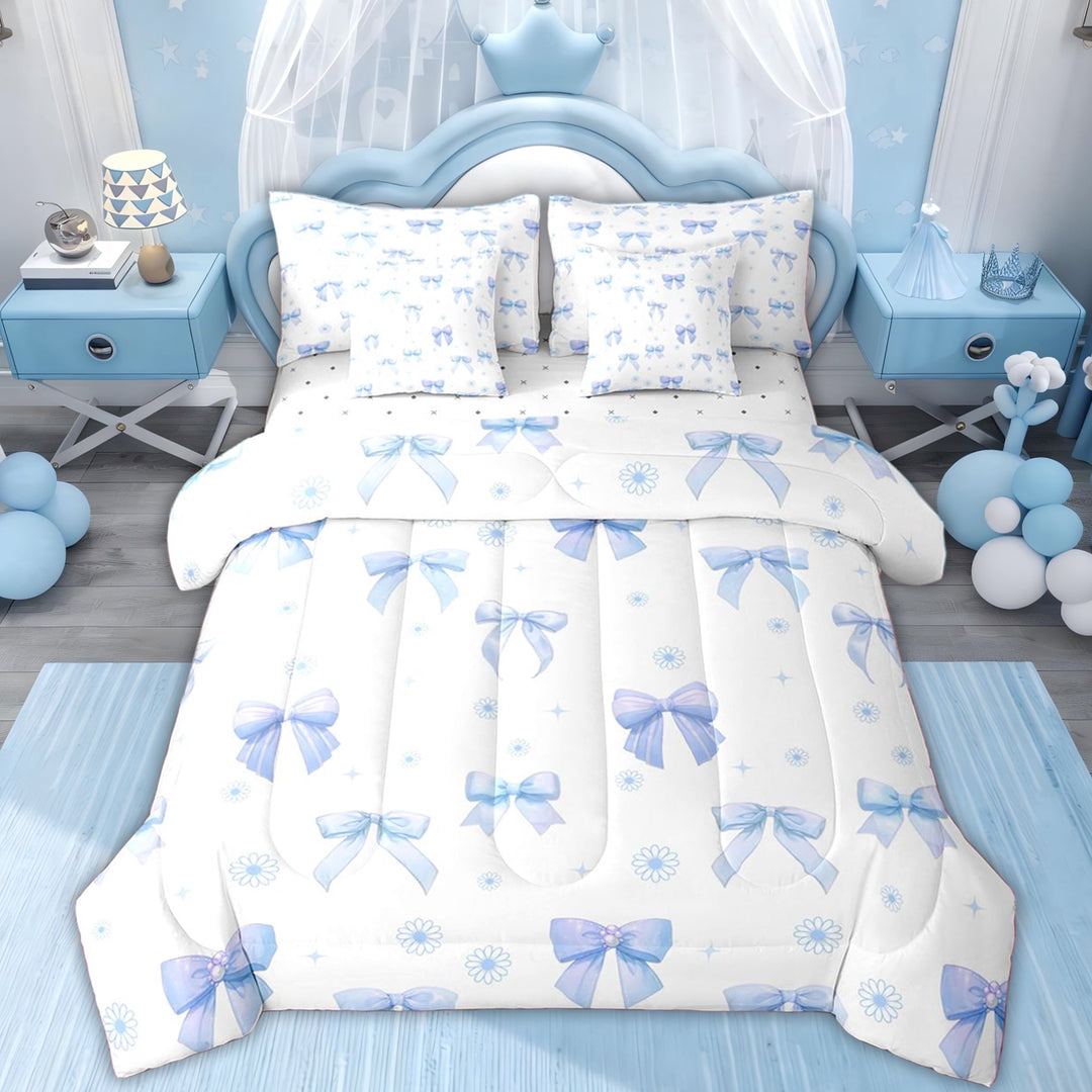 Erosebridal Pearl Bowknot Twin Bedding Sets, Blue Daisy Floral Bedding Comforter Set for Girls, 7-Piece