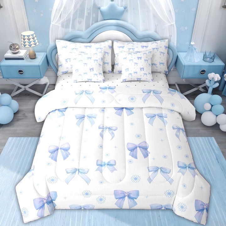 Erosebridal Pearl Bowknot Twin Bedding Sets, Blue Daisy Floral Bedding Comforter Set for Girls, 7-Piece