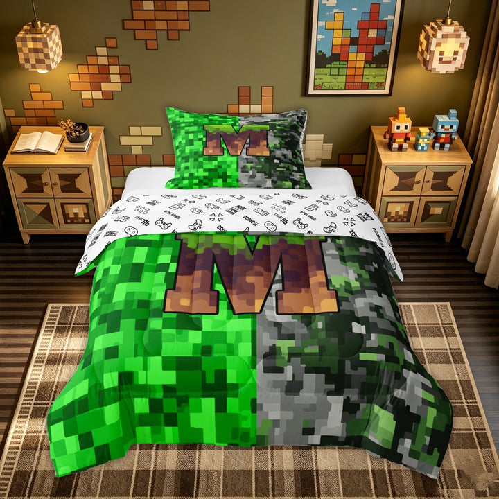 meiyoeat Pixel Grass M Initial Full Size Comforter Sets for Boys, Gamer Block Monogram Bedding Comforter Set, Green Brown, Gamepad Reversible, 3-Piece, 1 Comforter and 2 Pillowcases