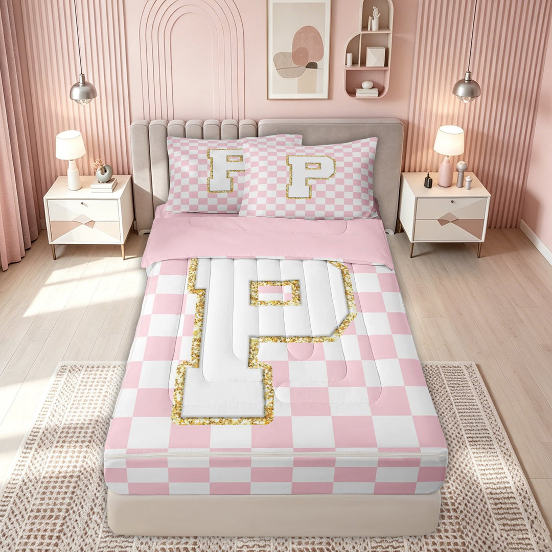meiyoeat Glitter Print Letter P Zipper Full Size Comforter Sets with Fitted Sheet and 2 Pillowcases for Kids, Fashion Buffalo Zipper Bedding Set for Kids, Gold, Pink Reversible, 4pcs