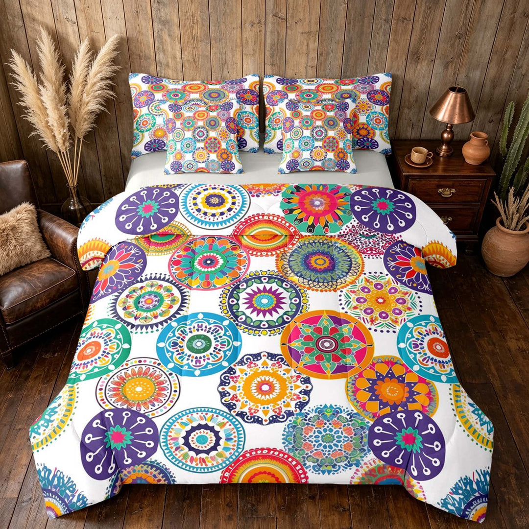 Manfei Boho Mandala Queen Bedding, Hippie Floral Bedding Comforter Set Queen, Multicolor White, Gray Reversible 7 Pieces