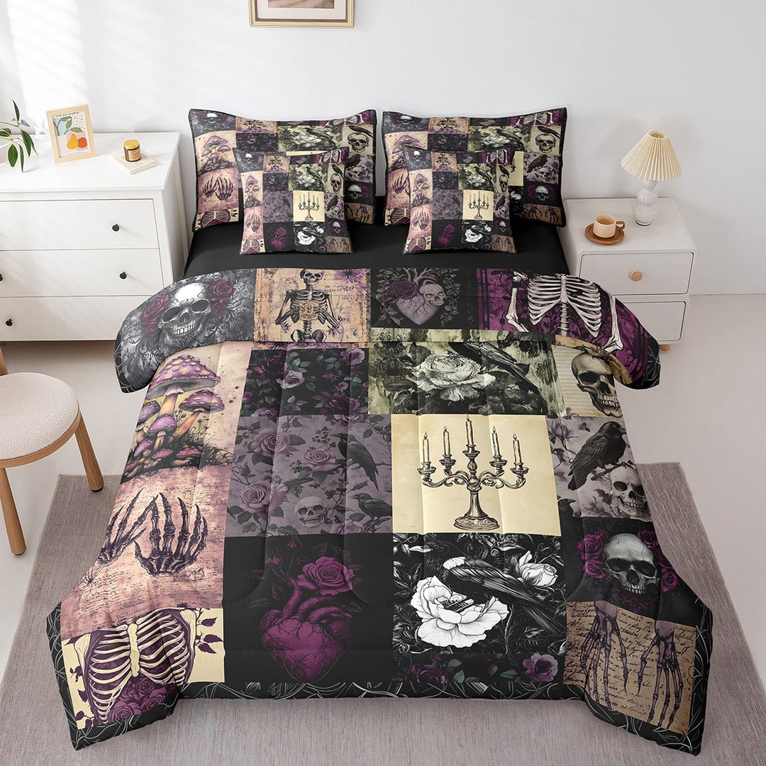 Gothic Crow 7Pcs Comforter Set Full,Sugar Skull Bedding Set Teens Room Decor,Purple Rose Flower Mushroom Fitted Flat Sheet Vintage Black Patchwork Plaid 2 Throw Pillow Covers