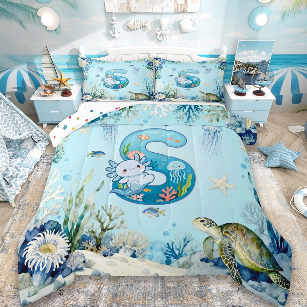 Erosebridal Initial Alphabet S Full Size Comforter Sets,Ocean Animal Axolotl Bedding Sets For Kids Boys,Reversible 3pcs