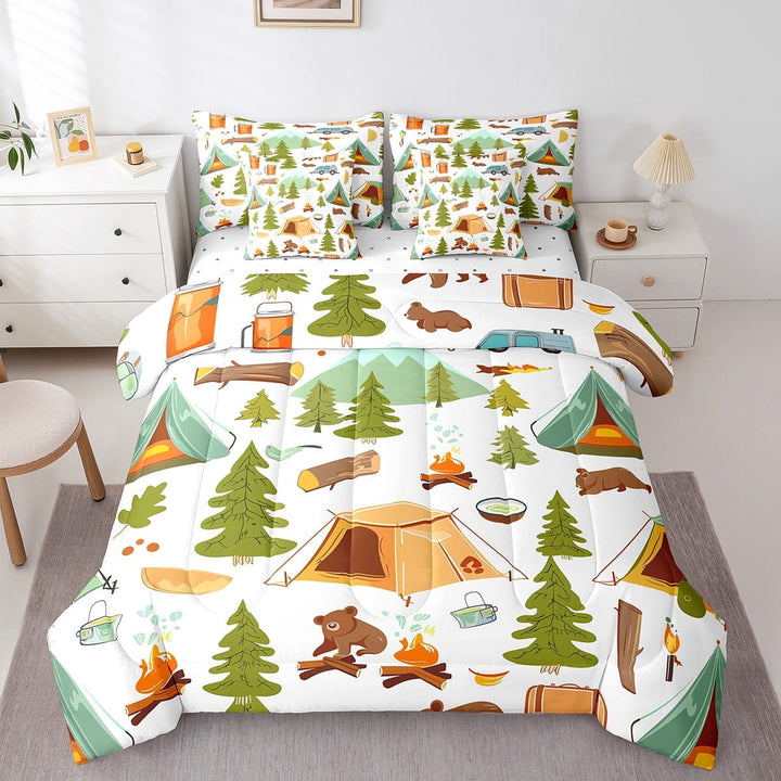 Cute Camper Car 7 Pcs Comforter Set Twin Bed in a Bag,Happy Camping Bedding Sets ,Woodland Bear Hunting Theme Quilt,Camper Accessories Travel Trailers Rv Decor Sheets