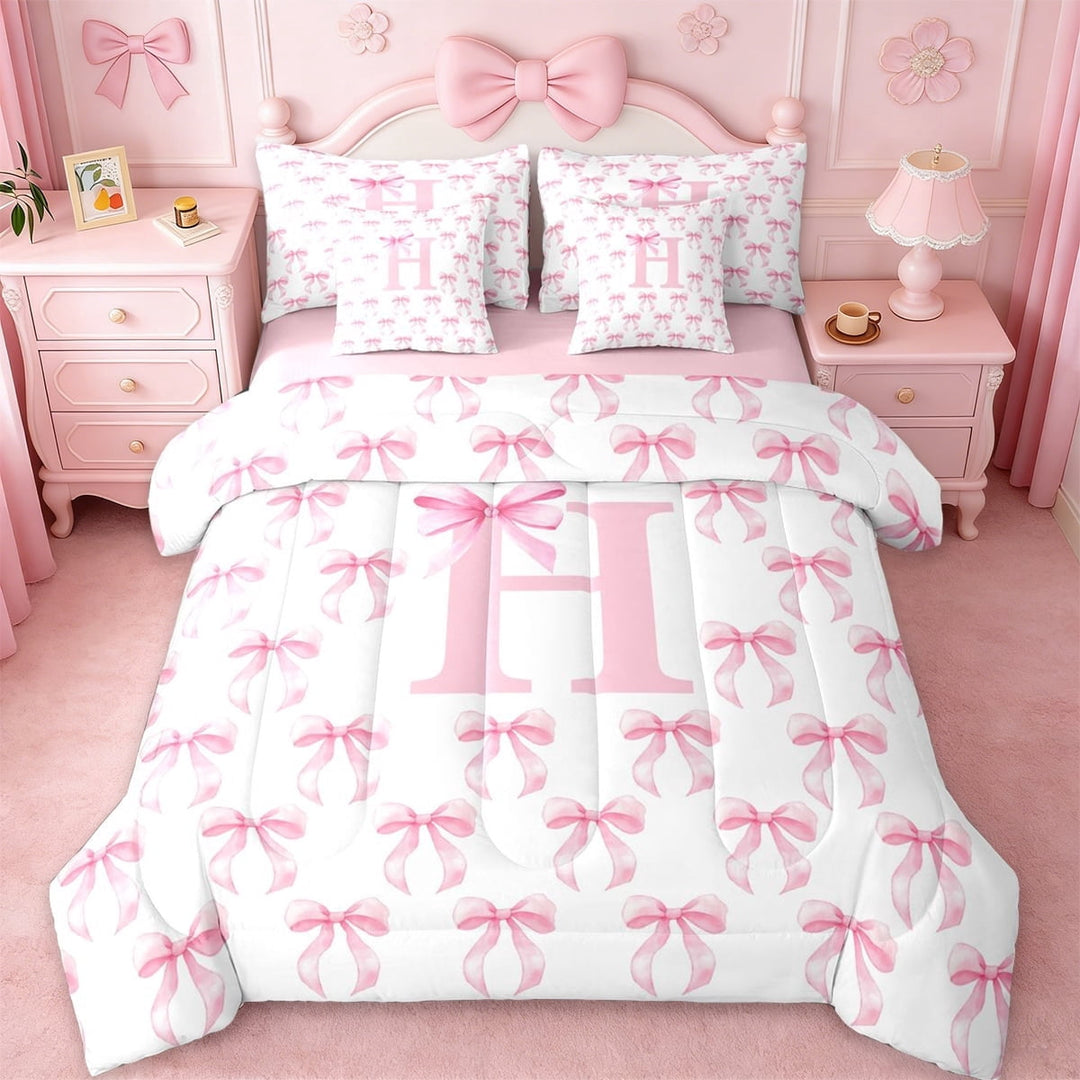 Erosebridal Pink Bow Tie 7-Piece Twin Bedding Sets For Girls,Cartoon Letter Alphabet C Kids Bedding Comforter Set,Pink Reversible