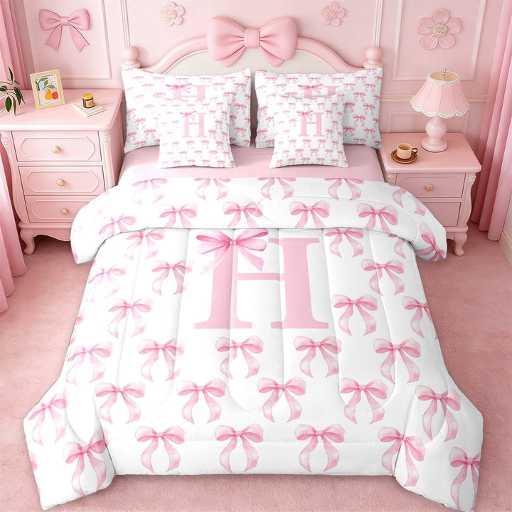 Erosebridal Pink Bow Tie 7-Piece Twin Bedding Sets For Girls,Cartoon Letter Alphabet C Kids Bedding Comforter Set,Pink Reversible