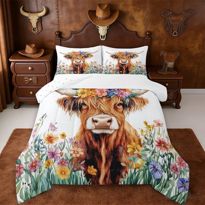 Erosebridal Cute Highland Cow Full Size Comforter Sets,Cartoon Animal Colorful Flower Print Bedding Sets For Boys Kids,Reversible,3 Pieces