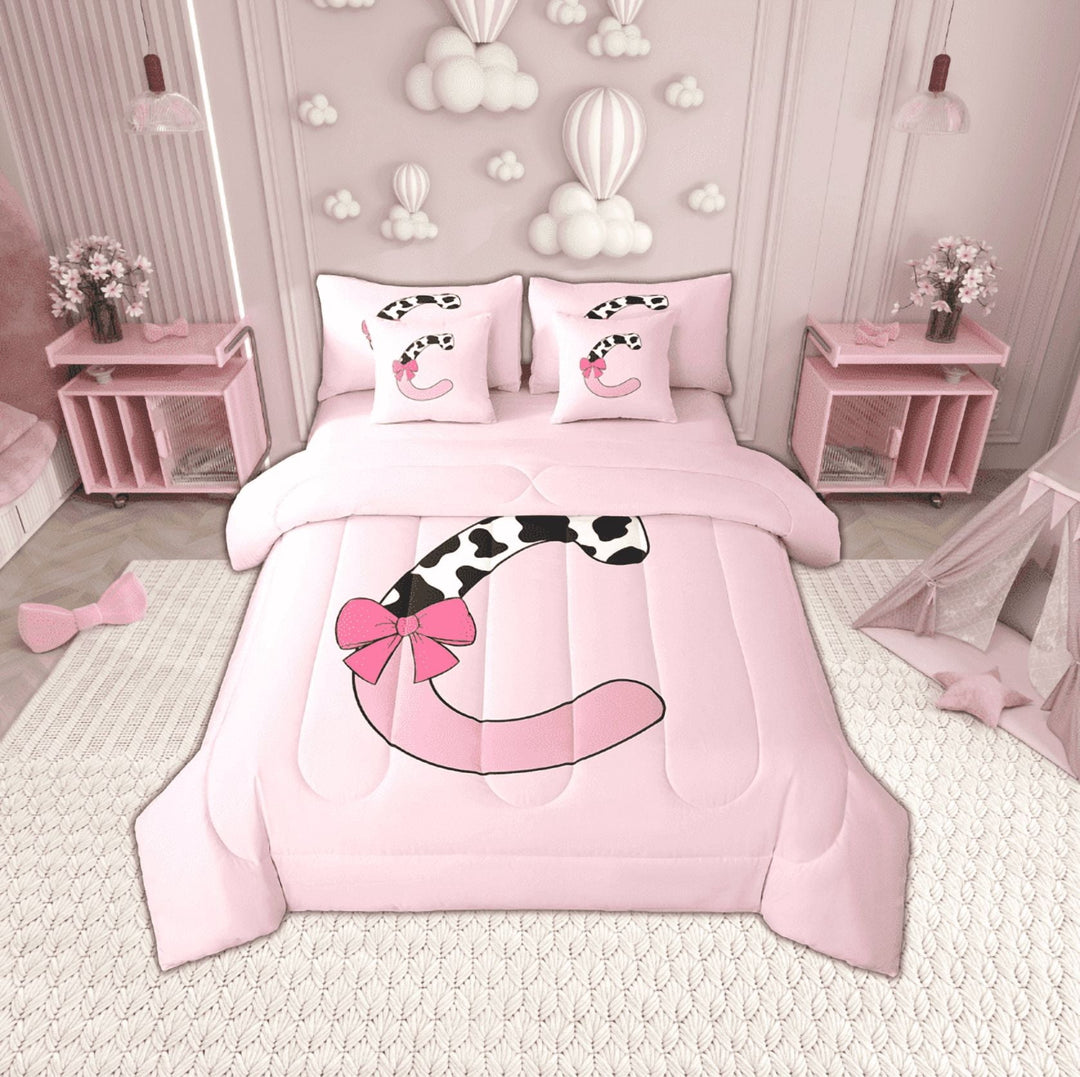 Erosebridal Monogrammed Letter Bedding Sets Twin Size,Cattle Print Comforter Sets with Sheets,Breathable Reversible Bed in a Bag Twin size,Pink Bow Tie Decoration,7pcs
