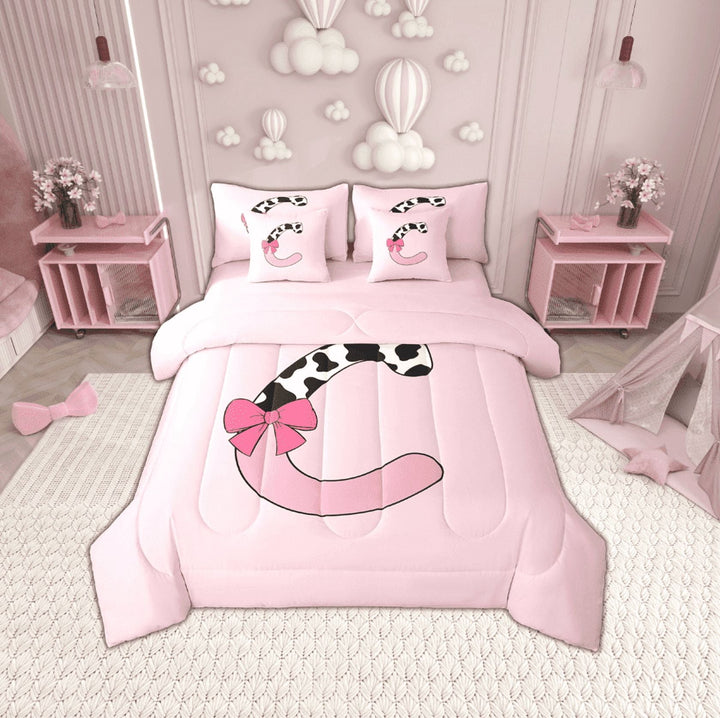 Erosebridal Monogrammed Letter Bedding Sets Twin Size,Cattle Print Comforter Sets with Sheets,Breathable Reversible Bed in a Bag Twin size,Pink Bow Tie Decoration,7pcs