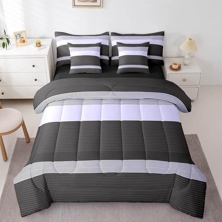 Erosebridal Abstract Lines Bedding Sets Twin Size,Geometric Stripes Comforter Sets with Sheets,Geometry Lines Bed in a Bag Twin size,Lightweight Teens Bedroom Decor,Reversible,7pcs
