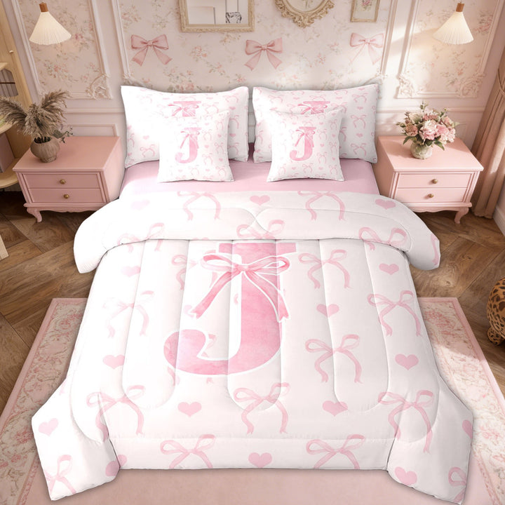 Erosebridal Pink Bow Tie Bedding Twin Size, Initial J Letter Bed in a Bag Twin size, Cute Catoon Decor, Reversible 7-Piece