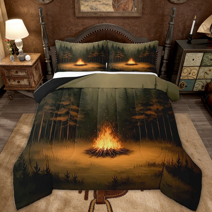 Erosebridal Forest Campfire Queen Comforter Set, Pine Tree Bedding Comforter Set for Men and Women, 3-Piece