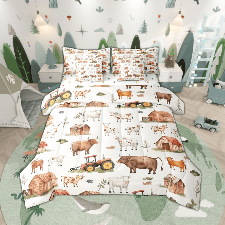 7Pcs Farm Animals Twin Comforter Set,Countryside Rural Cow Bedding Sets,Cartoon Tractor Bed In A Bag,Rustic Farmhouse Sheet Set with Comforter