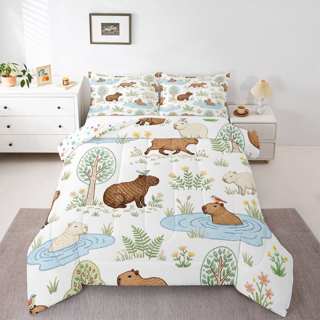Erosebridal Animal Capybara Full Size Comforter Sets 3 Pieces For Boys Girls,Cartoon Bird Flowers Bedding Sets For Kids Teens,Super Cozy Room Decor