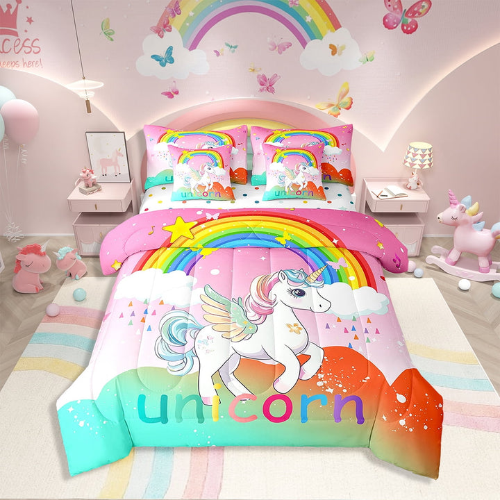 7 Pcs Comforter Set Twin Size,Rainbow Unicorn Bed in a Bag with Flat Sheet and Fitted Sheet Teens Adult,Ombre Red Pink Green Stars Cloud Bedding Set with Pillowcase and Sham