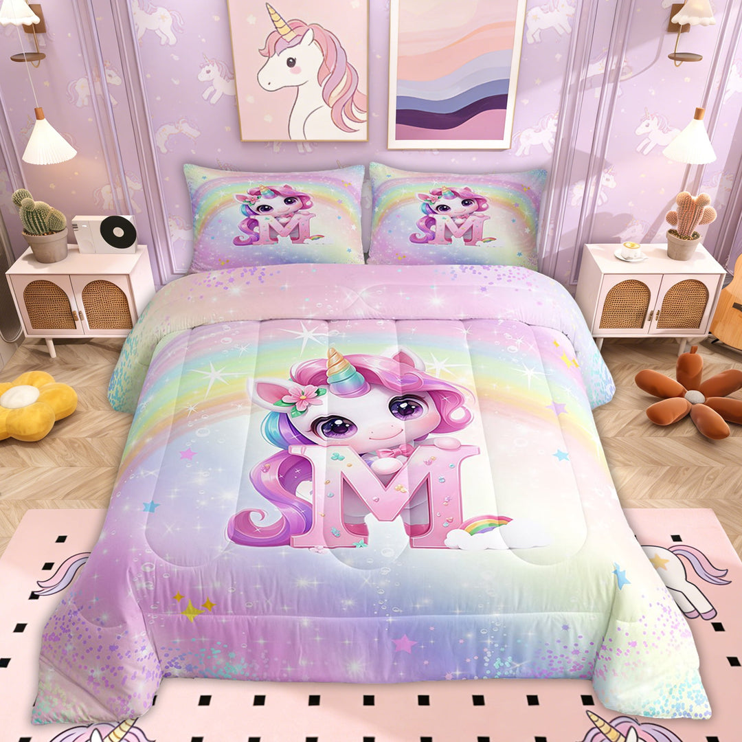 Erosebridal Pink Unicorn Comforter Sets Twin Size, Initial Letter M Comforters &amp; Duvets, Princess Flower Decor, Reversible 2pcs