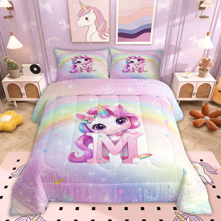 Erosebridal Pink Unicorn Comforter Sets Twin Size, Initial Letter M Comforters &amp; Duvets, Princess Flower Decor, Reversible 2pcs