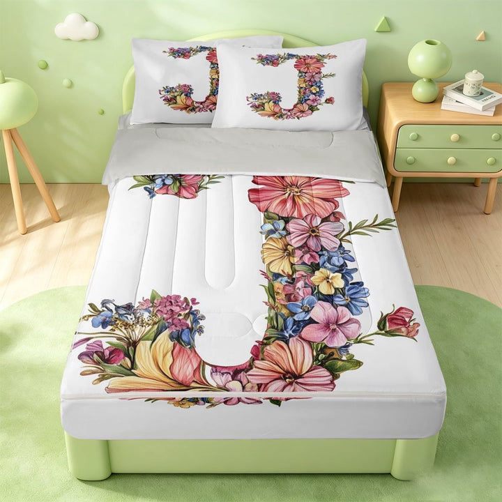 meiyoeat Personalized Monogram J Zipper Full Size Comforter Sets with Fitted Sheet and 2 Pillowcases,Multicolor Floral Blossom Zipper Bedding Set For Girls,Light Gray Reversible,4-Piece