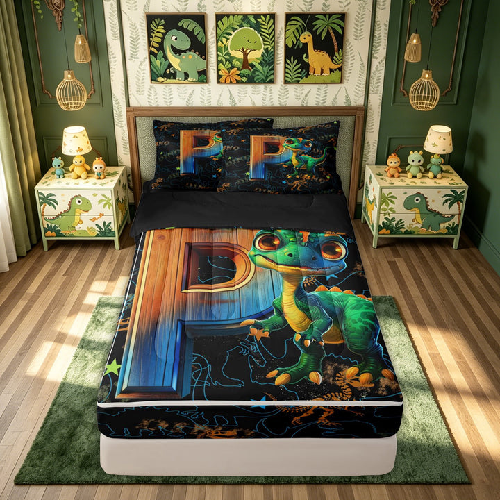 meiyoeat Dinosaur P Initial Zipper Comforter Set with Fitted Sheet and 2 Pillowcases, Cartoon Animals Zipper Bedding Set for Boys Girls, Black Reversible, 3-Piece