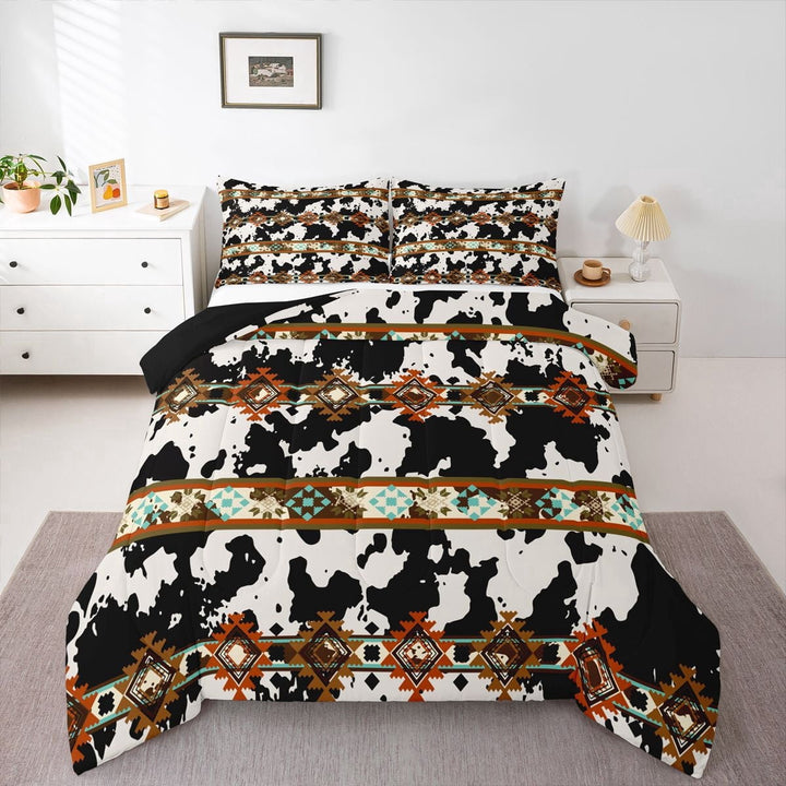 Cowhide Comforter Set Western Bedding Sets Queen,Black and White Highland Cow Print Quilt Exotic Aztec Diamond Duvet Insert,Farm Animals Bull Cattle Skin Room Decor Cowboys Gifts for Women