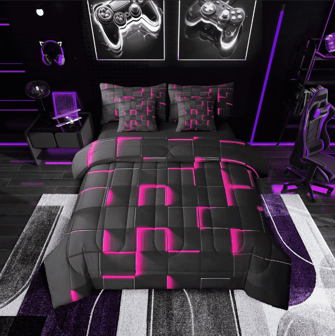 Erosebridal Gradient Checkered Bedding Sets Twin Size,Buffalo Stereoscopic Comforter Sets with Sheets,Geometry Decor,Reversible,7pcs