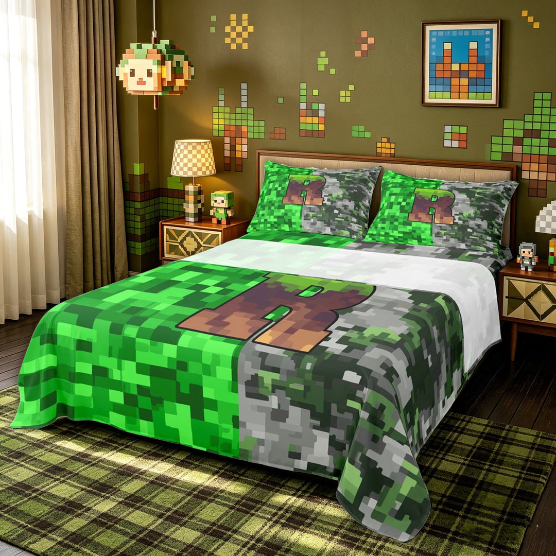meiyoeat Pixel Grass R Initial Bed Sheets for Boys, Gamer Block Monogram Full Size Sheets, Green Brown, Gamepad Reversible, 1 Flat Sheet, 1 Fitted Sheet and 2 Pillowcases