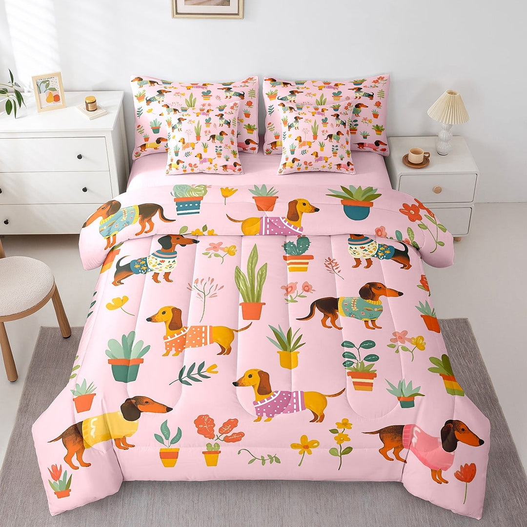 Pink Dachshund Comforter Set King,Rainbow Flower Floral Bedding Set,Kawaii Sausage Dog(Comforter+Fitted+Flat Sheet+2 Pillowcases+2 Pillow Covers) 7 Pcs Bed Set