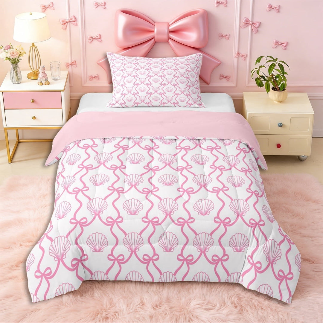 Erosebridal Kawaii Seashell Bowknot Twin Comforter Sets 3-Piece for Kids Girls,Teens Cute Bow Stripes Bedding Set,Pink Reversible,Luxury Bedroom Decor