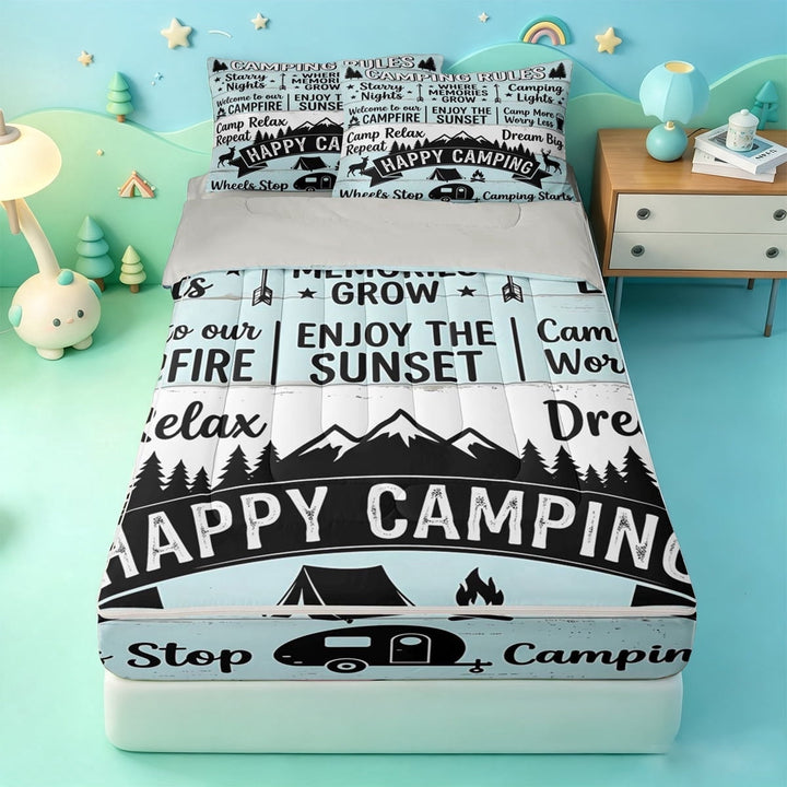 meiyoeat Rustic Camper Zipper Full Size Comforter Sets with Fitted Sheet and 2 Pillowcases,Happy Camping Zipper Bedding Set For Boys,Multicolor,Light Gray Reversible,4 Pieces