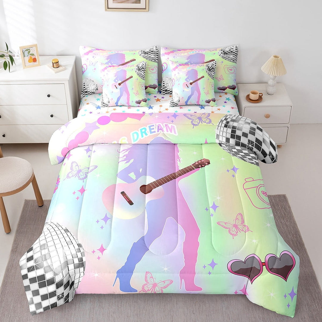 Erosebridal Music Guitar Bedding Sets Twin Size,Disco Ball Comforter Sets with Sheets,Rock Music Bed in a Bag Twin size,Super Cozy Old Fashion Room Decoration,Reversible,7pcs