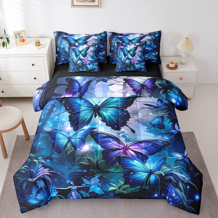 Erosebridal Flying Butterfly Bedding Sets Twin Size,Purple Blue Comforter Sets with Sheets,Starry Sky Bed in a Bag Twin size,Super Cozy Animal Bedroom Decoration,Reversible,7pcs
