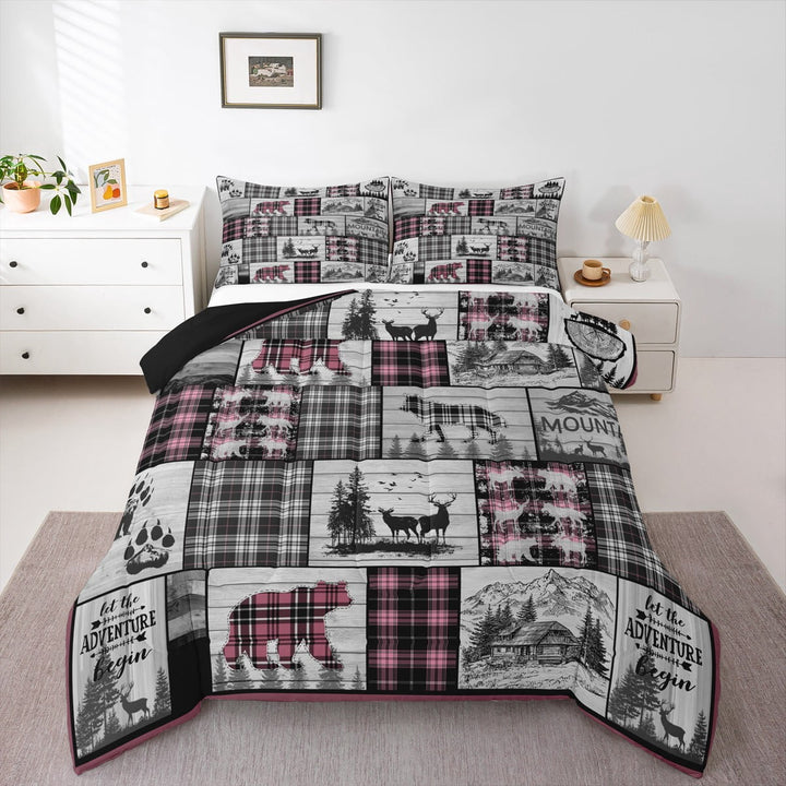 Erosebridal Rustic Pink Bedding Set Queen Vintage Buffalo Plaid Cabin Comforter Set Hunting Bear Deer Wolf Quilt Comforter Women,Woodland Wildlife Animal Bed Duvet Set Black Grey